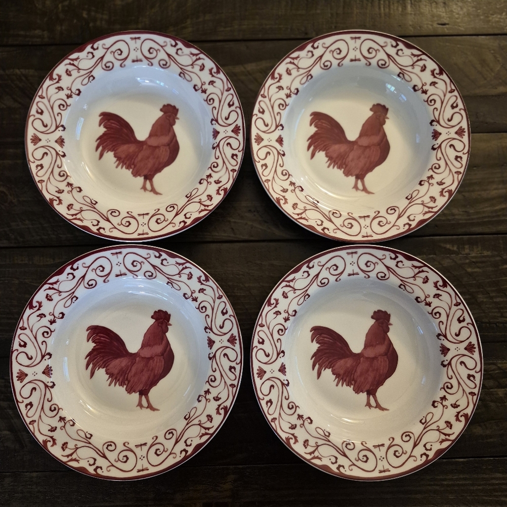 Canterbury Potteries Country Toile Red Rooster Soup Bowls Set Of 4 - Beautiful